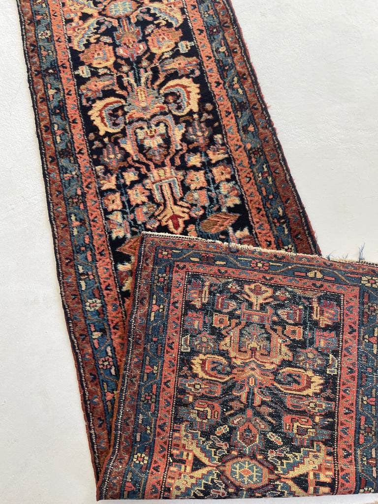 PLUSH FULL PILE Long & Narrow Antique Runner | Amazing Navy, Beige, Salmon, Honey | 2.6 x 17