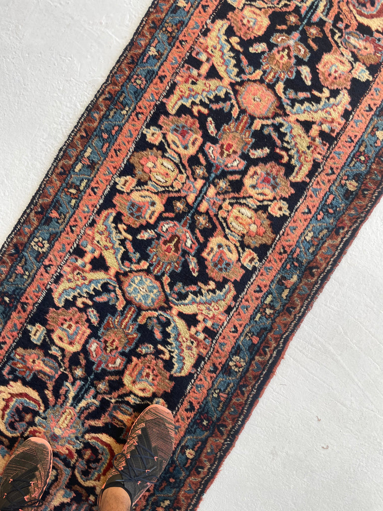 PLUSH FULL PILE Long & Narrow Antique Runner | Amazing Navy, Beige, Salmon, Honey | 2.6 x 17