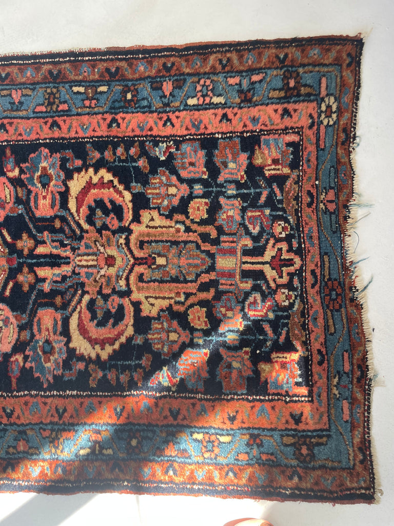 PLUSH FULL PILE Long & Narrow Antique Runner | Amazing Navy, Beige, Salmon, Honey | 2.6 x 17