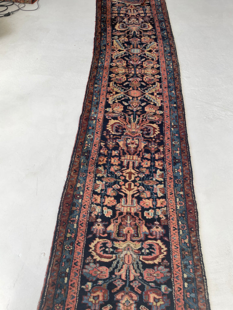 PLUSH FULL PILE Long & Narrow Antique Runner | Amazing Navy, Beige, Salmon, Honey | 2.6 x 17