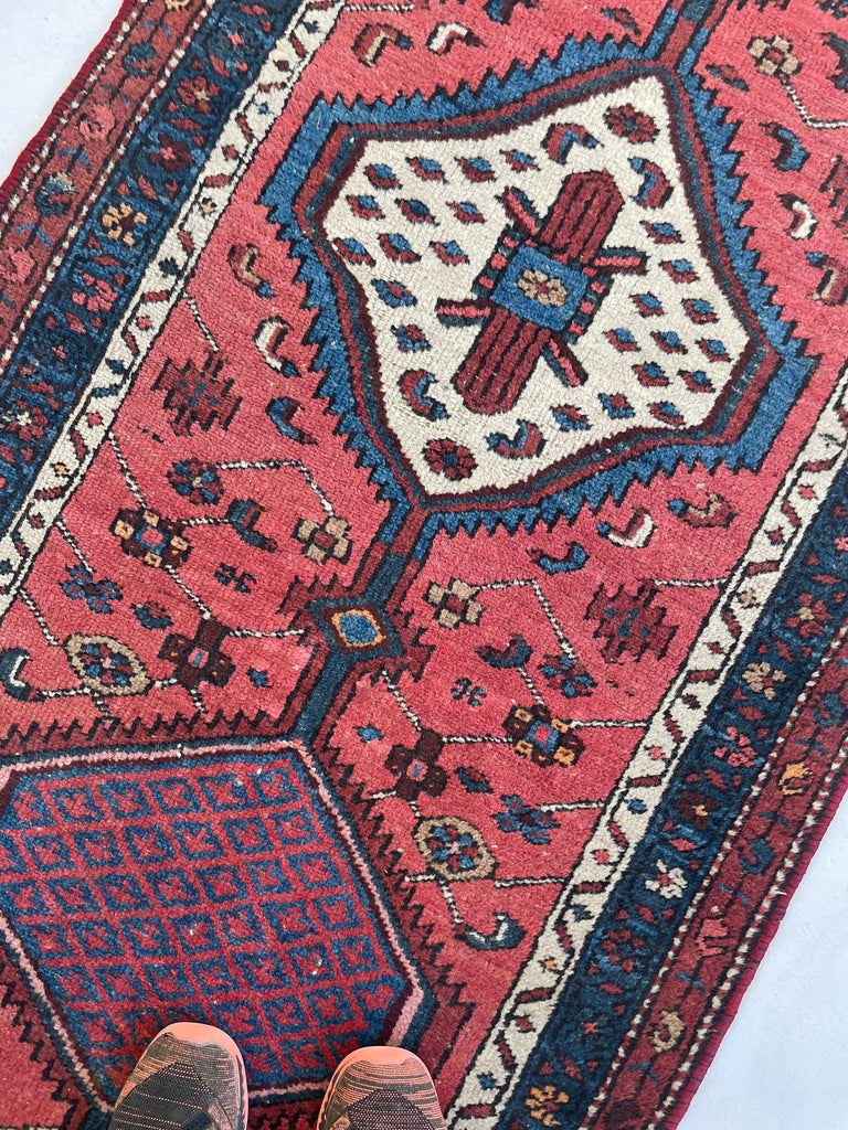 SOLD | CHARMING Village Runner | Antique Tribal with Watermelon & Midnight Blue | 2.11 x 9.10