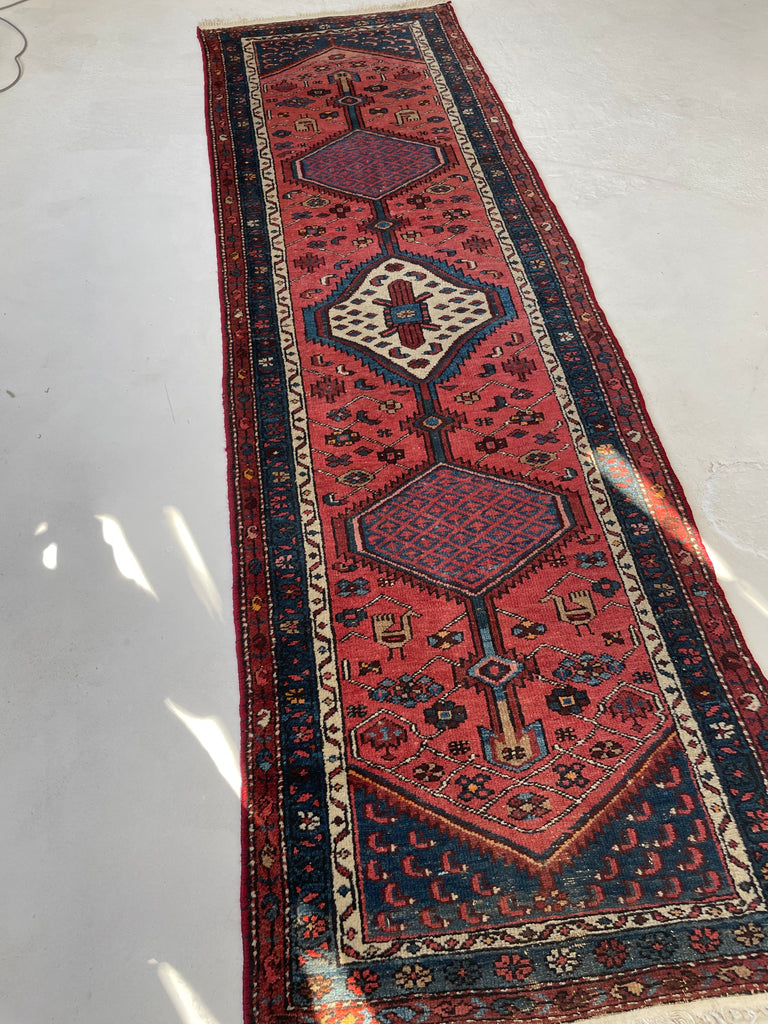 SOLD | CHARMING Village Runner | Antique Tribal with Watermelon & Midnight Blue | 2.11 x 9.10