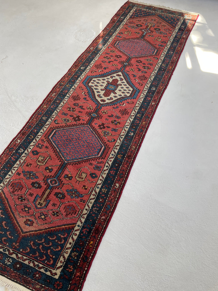 SOLD | CHARMING Village Runner | Antique Tribal with Watermelon & Midnight Blue | 2.11 x 9.10