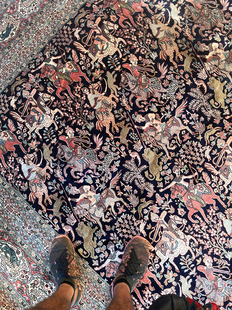 RESERVED FOR OLIVIER*** PURE KASHMIR SILK Vintage Room Size Pictorial Piece; "The Royal Hunt" Terracotta, Indigo, Sage Green | 9.1 x 12.7
