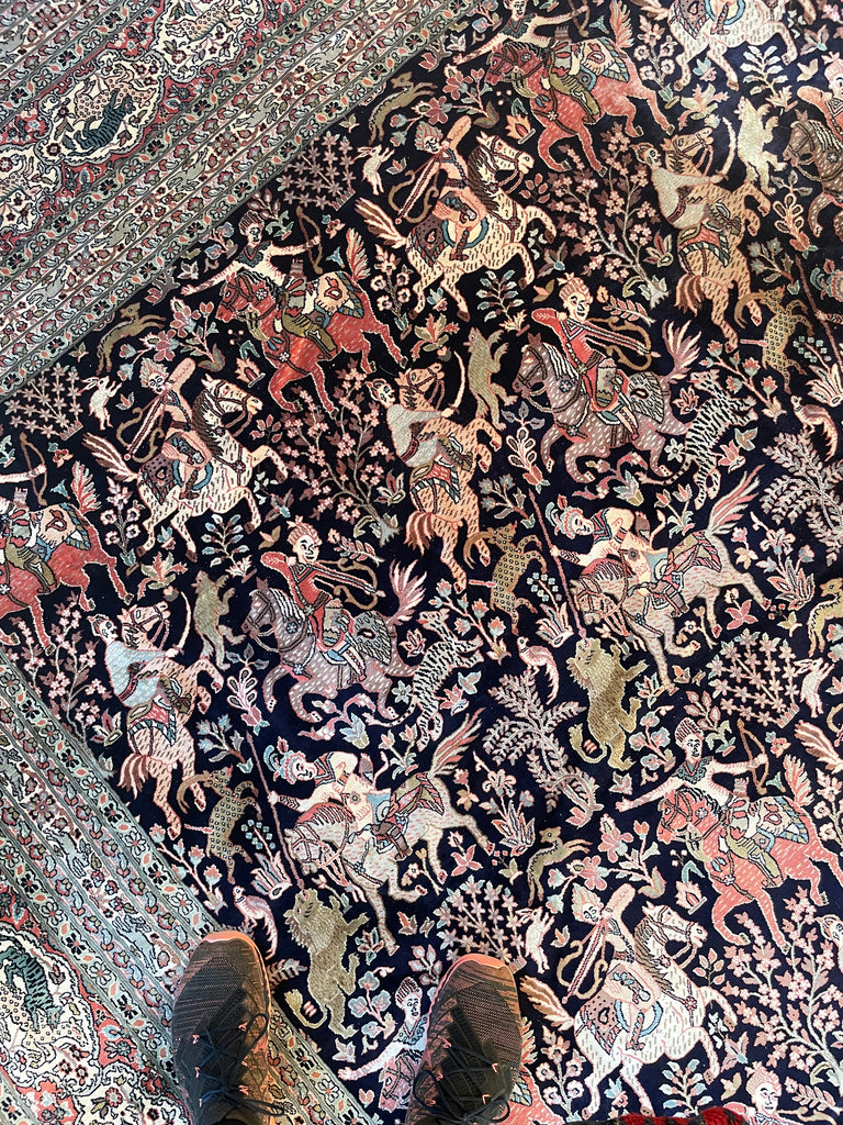 RESERVED FOR OLIVIER*** PURE KASHMIR SILK Vintage Room Size Pictorial Piece; "The Royal Hunt" Terracotta, Indigo, Sage Green | 9.1 x 12.7
