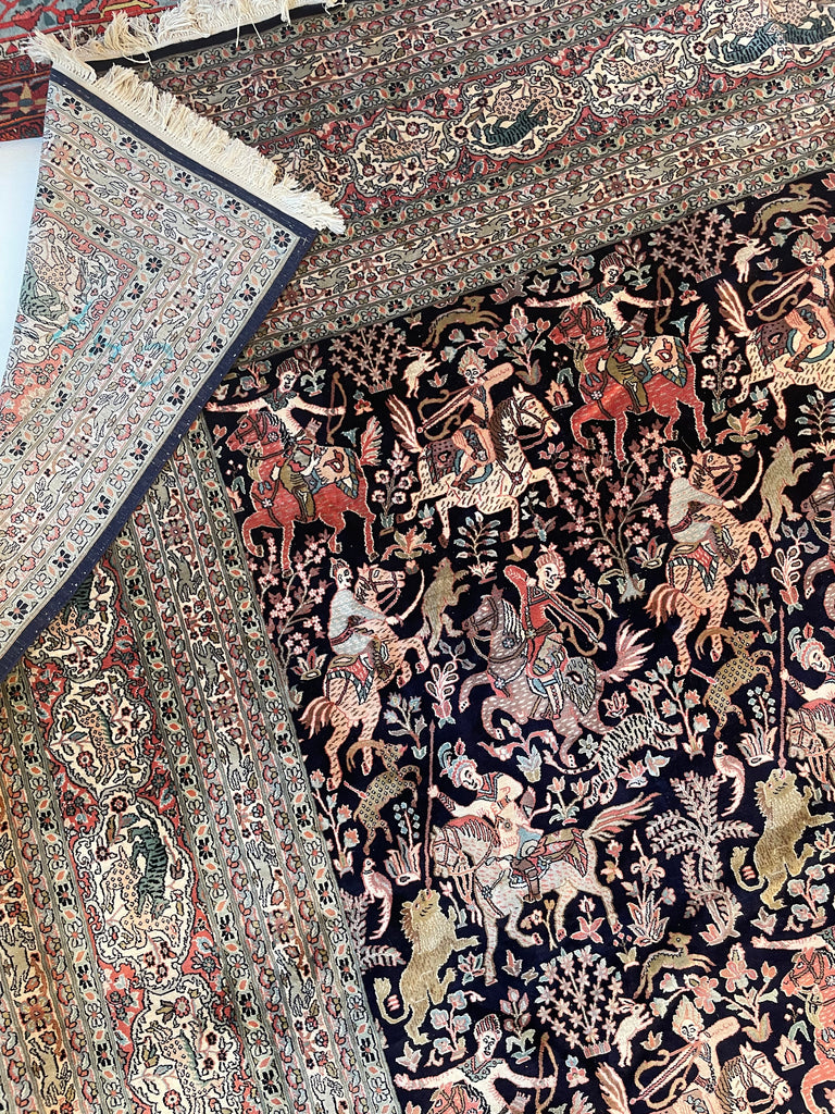 RESERVED FOR OLIVIER*** PURE KASHMIR SILK Vintage Room Size Pictorial Piece; "The Royal Hunt" Terracotta, Indigo, Sage Green | 9.1 x 12.7