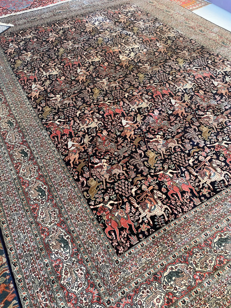 RESERVED FOR OLIVIER*** PURE KASHMIR SILK Vintage Room Size Pictorial Piece; "The Royal Hunt" Terracotta, Indigo, Sage Green | 9.1 x 12.7