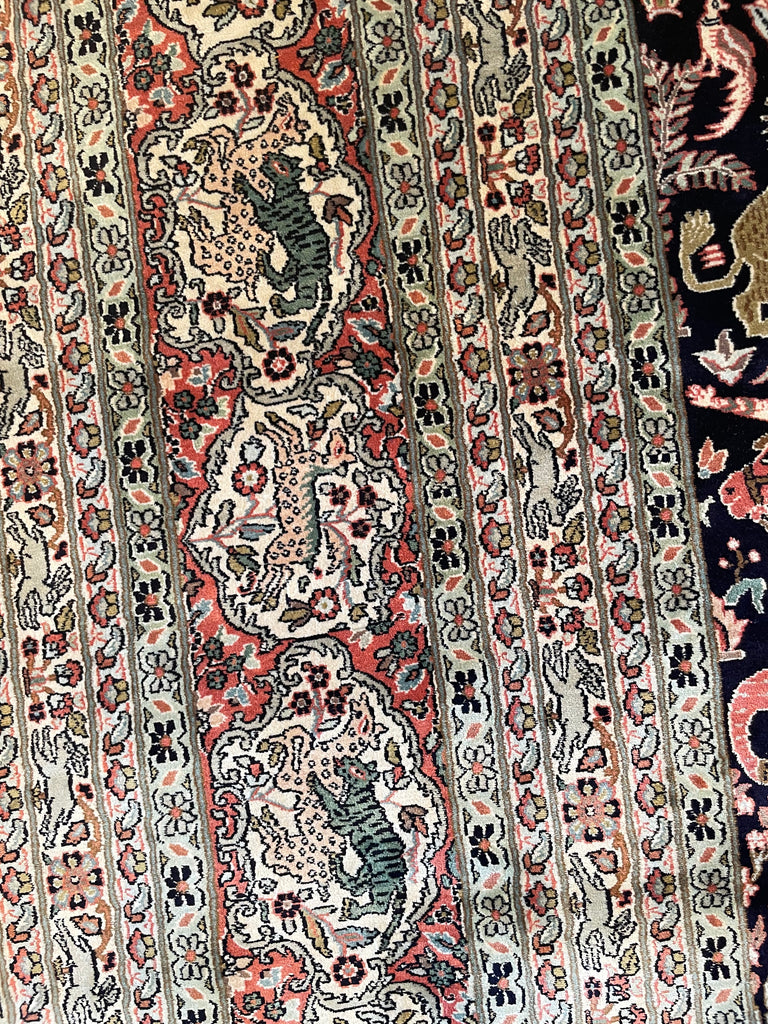 RESERVED FOR OLIVIER*** PURE KASHMIR SILK Vintage Room Size Pictorial Piece; "The Royal Hunt" Terracotta, Indigo, Sage Green | 9.1 x 12.7
