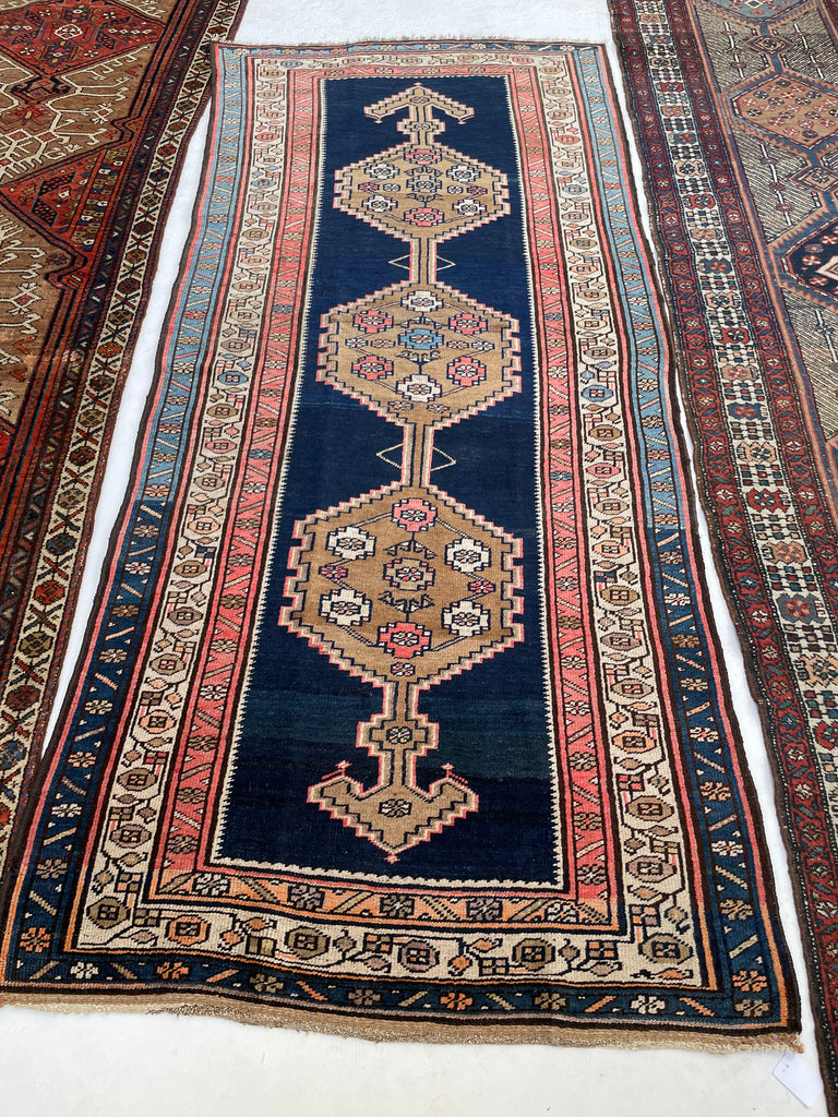 INCREDIBLE Kurdish Runner with Piercing Navy, Pinks, Salmon and Camel Hair Antique Runner | 3.8 x 8.4