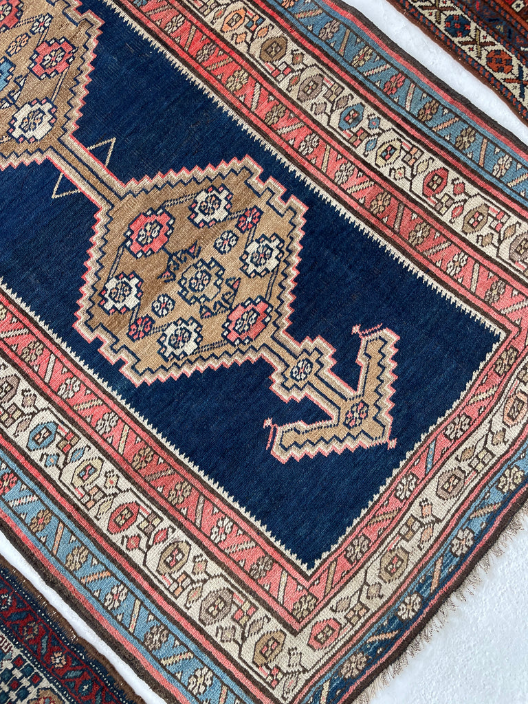 INCREDIBLE Kurdish Runner with Piercing Navy, Pinks, Salmon and Camel Hair Antique Runner | 3.8 x 8.4
