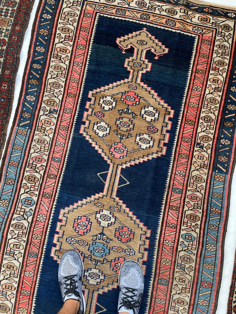 INCREDIBLE Kurdish Runner with Piercing Navy, Pinks, Salmon and Camel Hair Antique Runner | 3.8 x 8.4