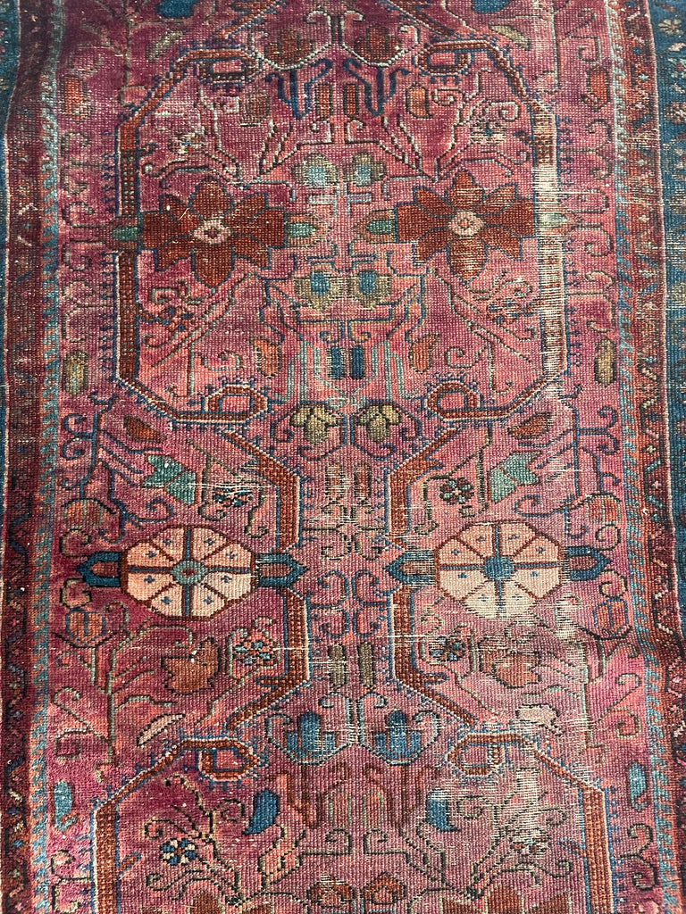 Coming Soon... GORGEOUS Character-Rich Berry Colored "Painted Sarouk" Antique Runner with LIME GREEN | 2.10 x 13.5