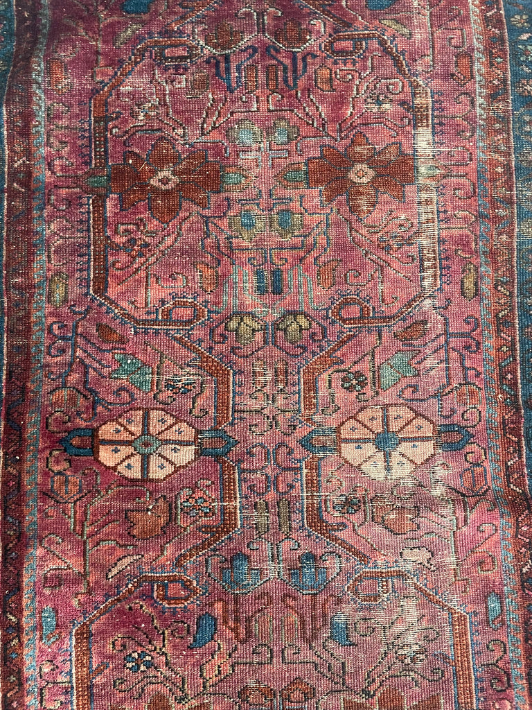 SOLD | GORGEOUS Character-Rich Berry Colored "Painted Sarouk" Antique Runner with LIME GREEN | 2.10 x 13.5