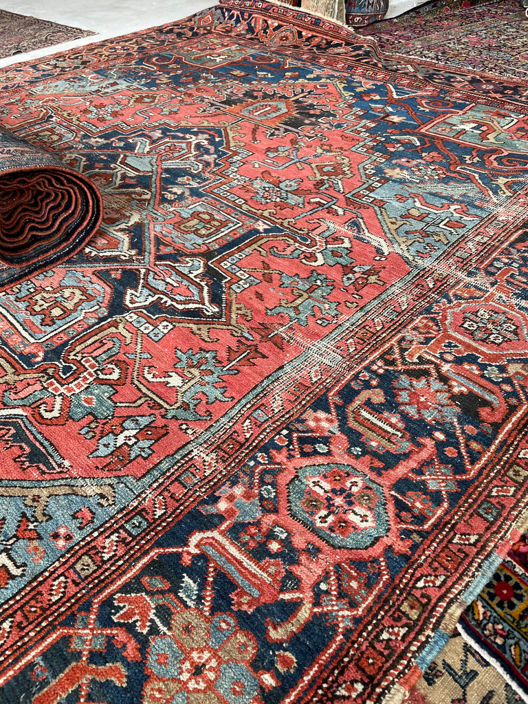 SOLD | SHOW-STOPPING Antique Heriz Rug | "The Most Gorgeous Online"|  Coral, Ice, Denim Tribal Masterpiece, C. 1910 | ~8.9 x 11
