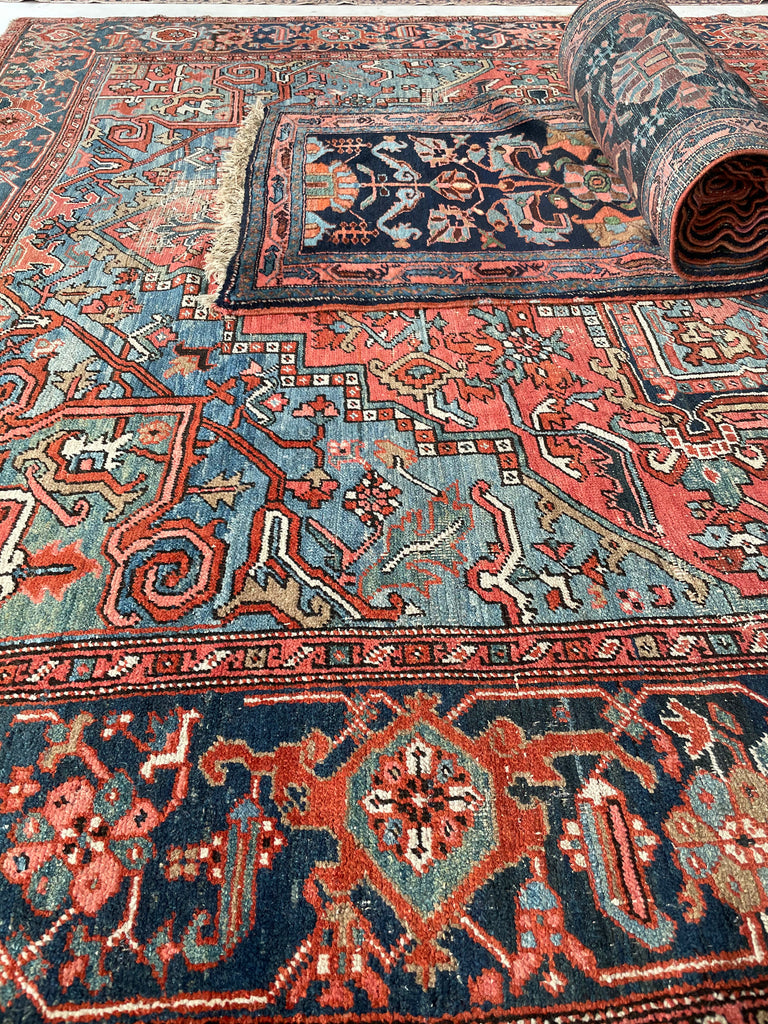 SOLD | SHOW-STOPPING Antique Heriz Rug | "The Most Gorgeous Online"|  Coral, Ice, Denim Tribal Masterpiece, C. 1910 | ~8.9 x 11