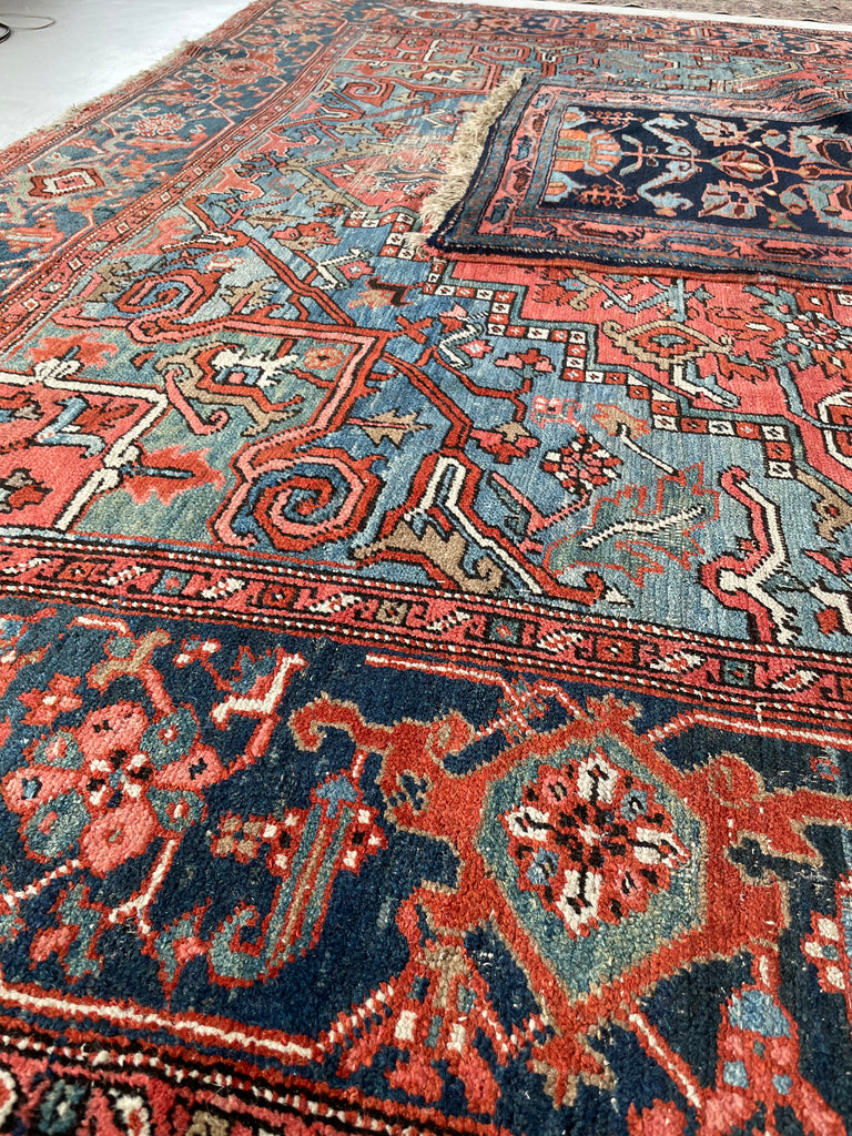 SOLD | SHOW-STOPPING Antique Heriz Rug | "The Most Gorgeous Online"|  Coral, Ice, Denim Tribal Masterpiece, C. 1910 | ~8.9 x 11