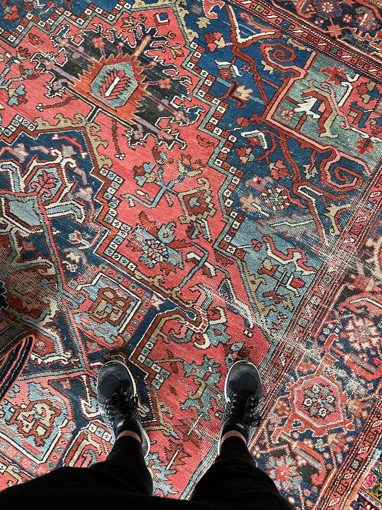 SOLD | SHOW-STOPPING Antique Heriz Rug | "The Most Gorgeous Online"|  Coral, Ice, Denim Tribal Masterpiece, C. 1910 | ~8.9 x 11