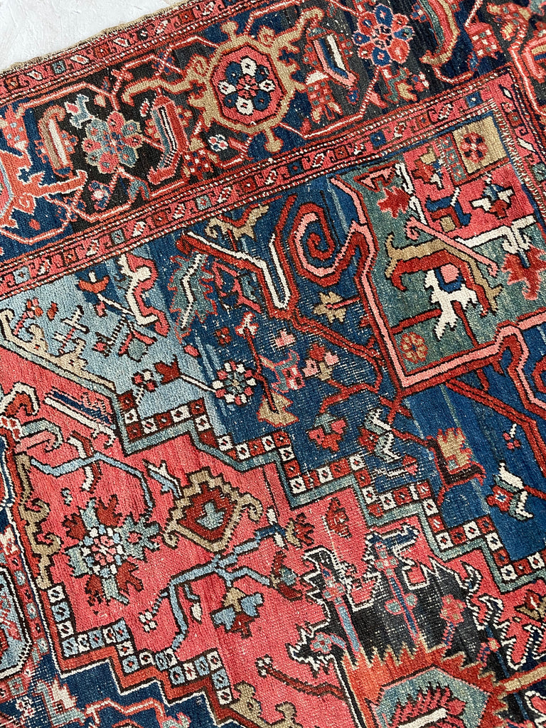 SOLD | SHOW-STOPPING Antique Heriz Rug | "The Most Gorgeous Online"|  Coral, Ice, Denim Tribal Masterpiece, C. 1910 | ~8.9 x 11