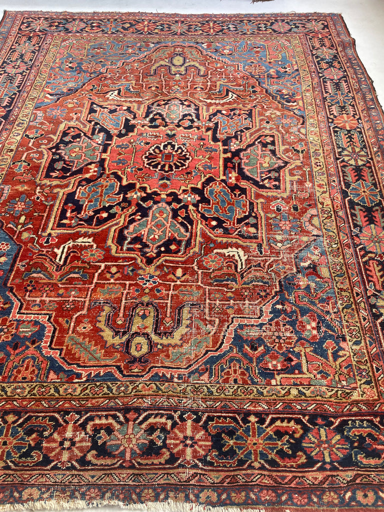 SOLD | TRIBAL DREAM with Eagle Finials | Antique Heriz in Denim, Water and Sky Blue, Salmon, Coral, Green | 8.4 x 10.8