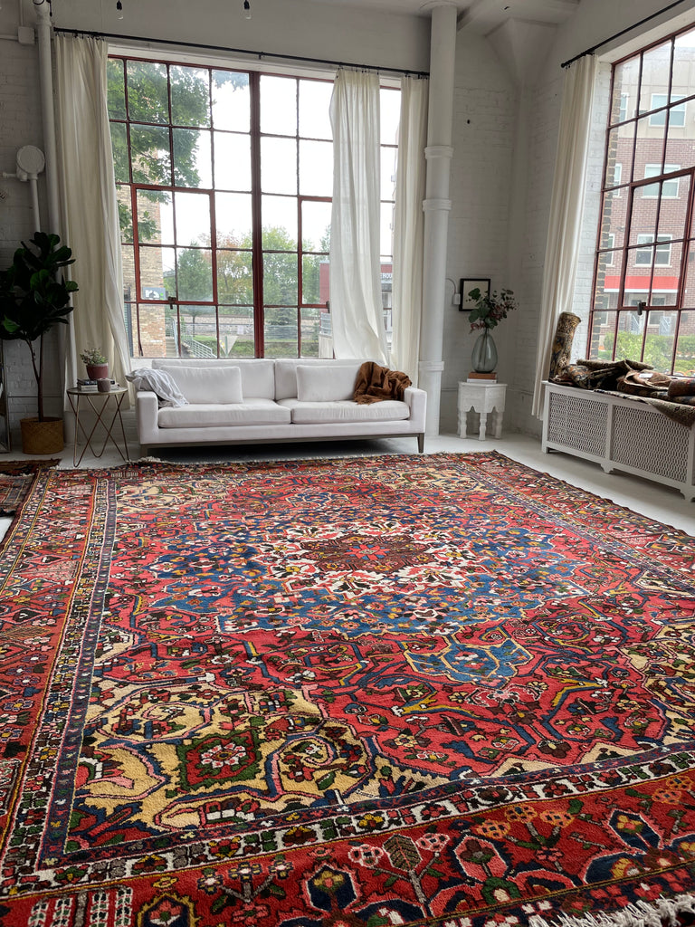 LIVELY COLORFUL Palace Size Vintage BEAUTY with Tribal & Old-World Charm | Strawberry, Watermelon, Saffron-Wheat, Blues, Greens, Grey, Taupe | 12.3 x 15.6