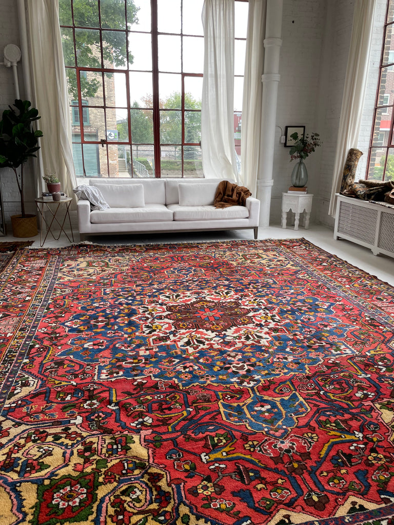 LIVELY COLORFUL Palace Size Vintage BEAUTY with Tribal & Old-World Charm | Strawberry, Watermelon, Saffron-Wheat, Blues, Greens, Grey, Taupe | 12.3 x 15.6