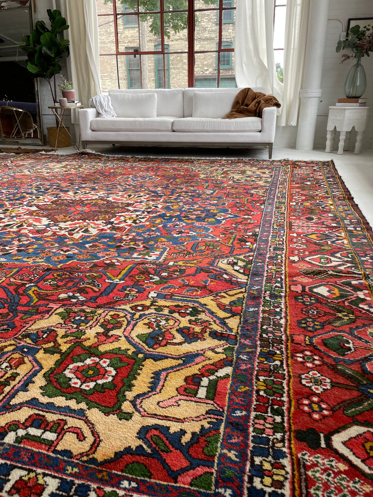 LIVELY COLORFUL Palace Size Vintage BEAUTY with Tribal & Old-World Charm | Strawberry, Watermelon, Saffron-Wheat, Blues, Greens, Grey, Taupe | 12.3 x 15.6
