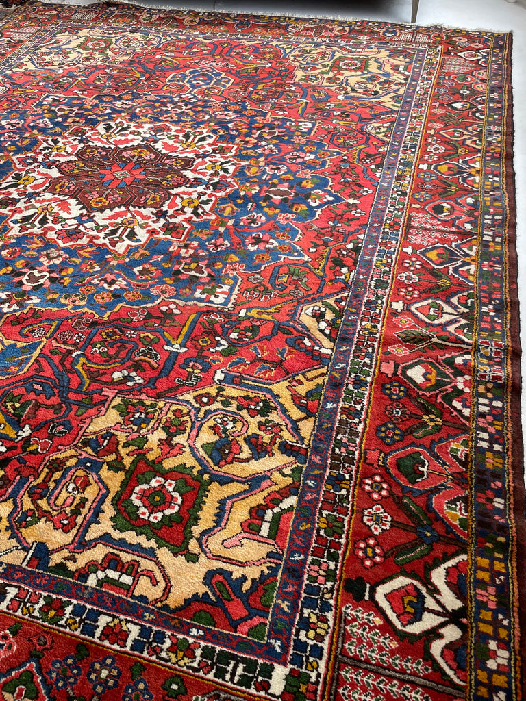 LIVELY COLORFUL Palace Size Vintage BEAUTY with Tribal & Old-World Charm | Strawberry, Watermelon, Saffron-Wheat, Blues, Greens, Grey, Taupe | 12.3 x 15.6
