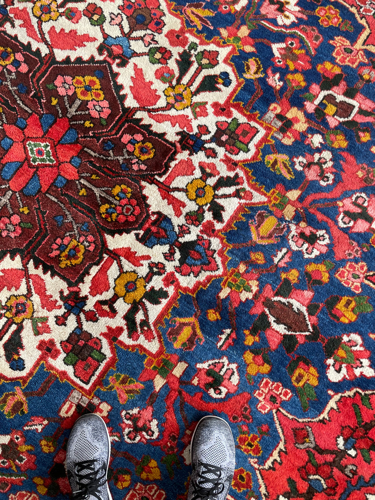 LIVELY COLORFUL Palace Size Vintage BEAUTY with Tribal & Old-World Charm | Strawberry, Watermelon, Saffron-Wheat, Blues, Greens, Grey, Taupe | 12.3 x 15.6