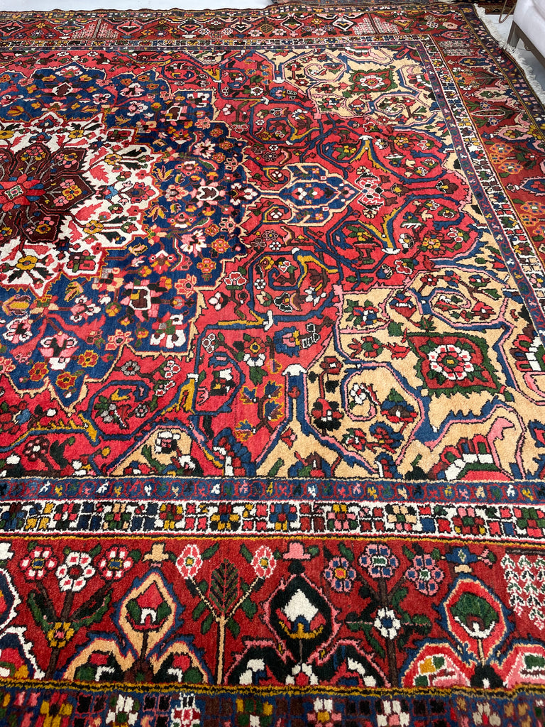 LIVELY COLORFUL Palace Size Vintage BEAUTY with Tribal & Old-World Charm | Strawberry, Watermelon, Saffron-Wheat, Blues, Greens, Grey, Taupe | 12.3 x 15.6