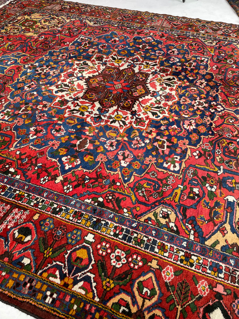 LIVELY COLORFUL Palace Size Vintage BEAUTY with Tribal & Old-World Charm | Strawberry, Watermelon, Saffron-Wheat, Blues, Greens, Grey, Taupe | 12.3 x 15.6