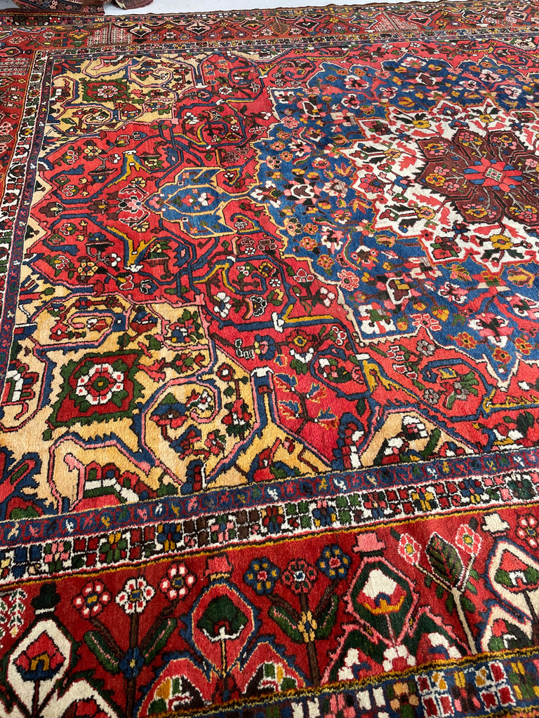 LIVELY COLORFUL Palace Size Vintage BEAUTY with Tribal & Old-World Charm | Strawberry, Watermelon, Saffron-Wheat, Blues, Greens, Grey, Taupe | 12.3 x 15.6