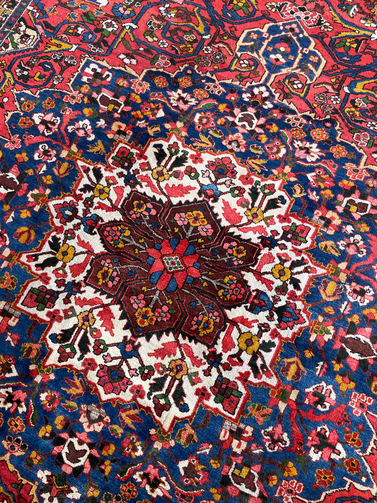 LIVELY COLORFUL Palace Size Vintage BEAUTY with Tribal & Old-World Charm | Strawberry, Watermelon, Saffron-Wheat, Blues, Greens, Grey, Taupe | 12.3 x 15.6
