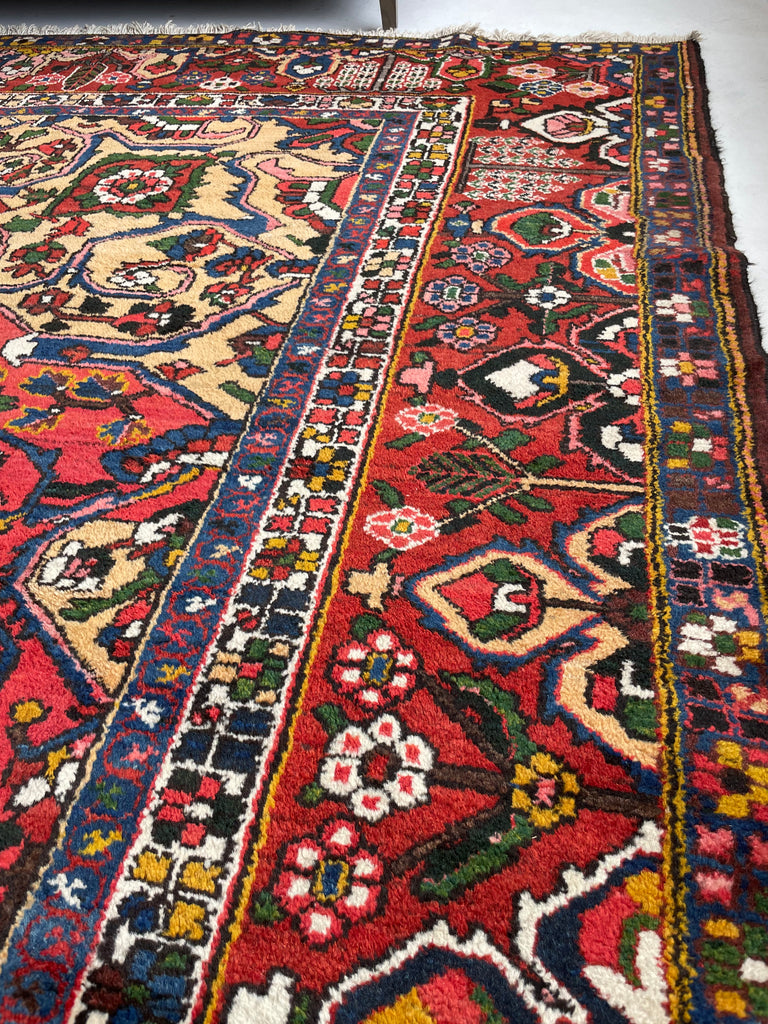 LIVELY COLORFUL Palace Size Vintage BEAUTY with Tribal & Old-World Charm | Strawberry, Watermelon, Saffron-Wheat, Blues, Greens, Grey, Taupe | 12.3 x 15.6