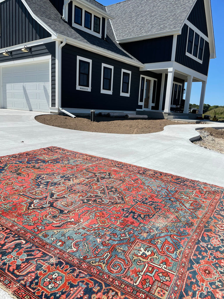 SOLD | SHOW-STOPPING Antique Heriz Rug | "The Most Gorgeous Online"|  Coral, Ice, Denim Tribal Masterpiece, C. 1910 | ~8.9 x 11