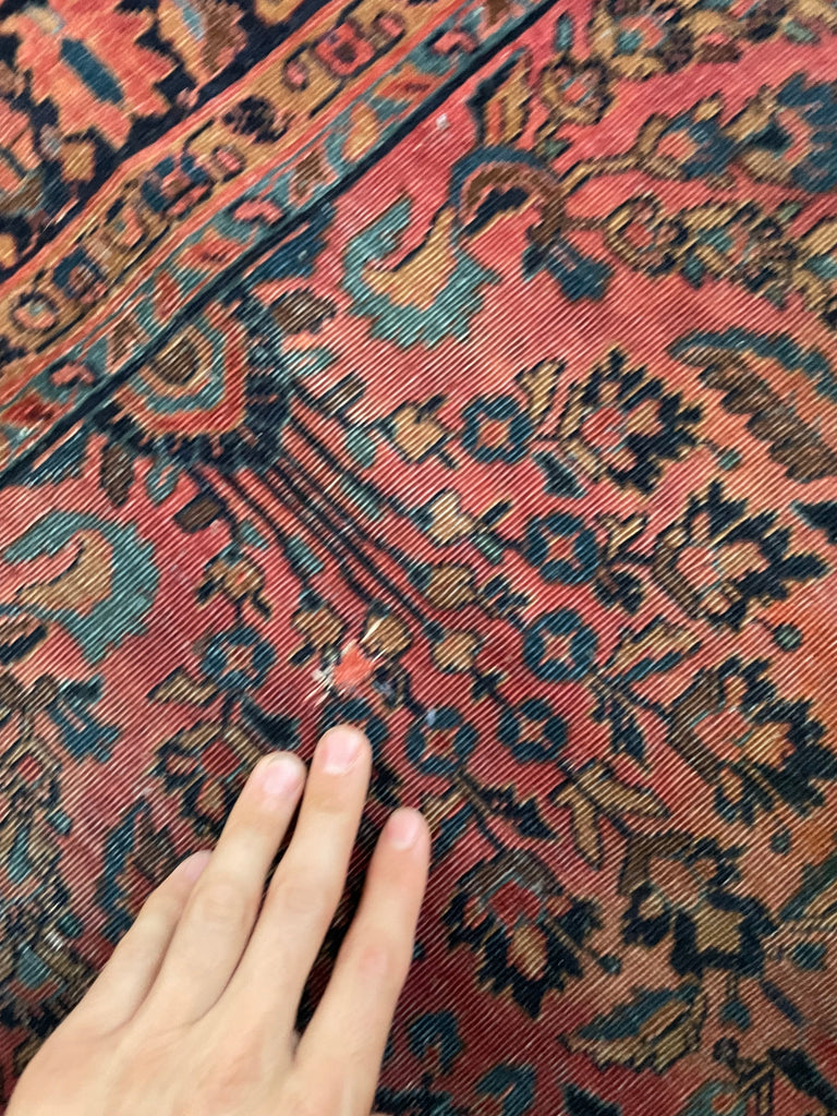 SOLD | RARE SQUARE | Moody Botanical Antique Square Rug with Blush, Salmon, Apricot & Berry | 4 x 4