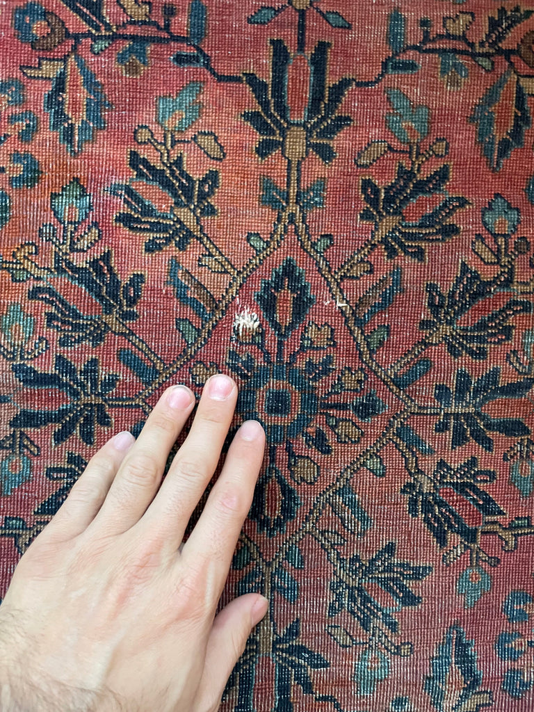 SOLD | RARE SQUARE | Moody Botanical Antique Square Rug with Blush, Salmon, Apricot & Berry | 4 x 4