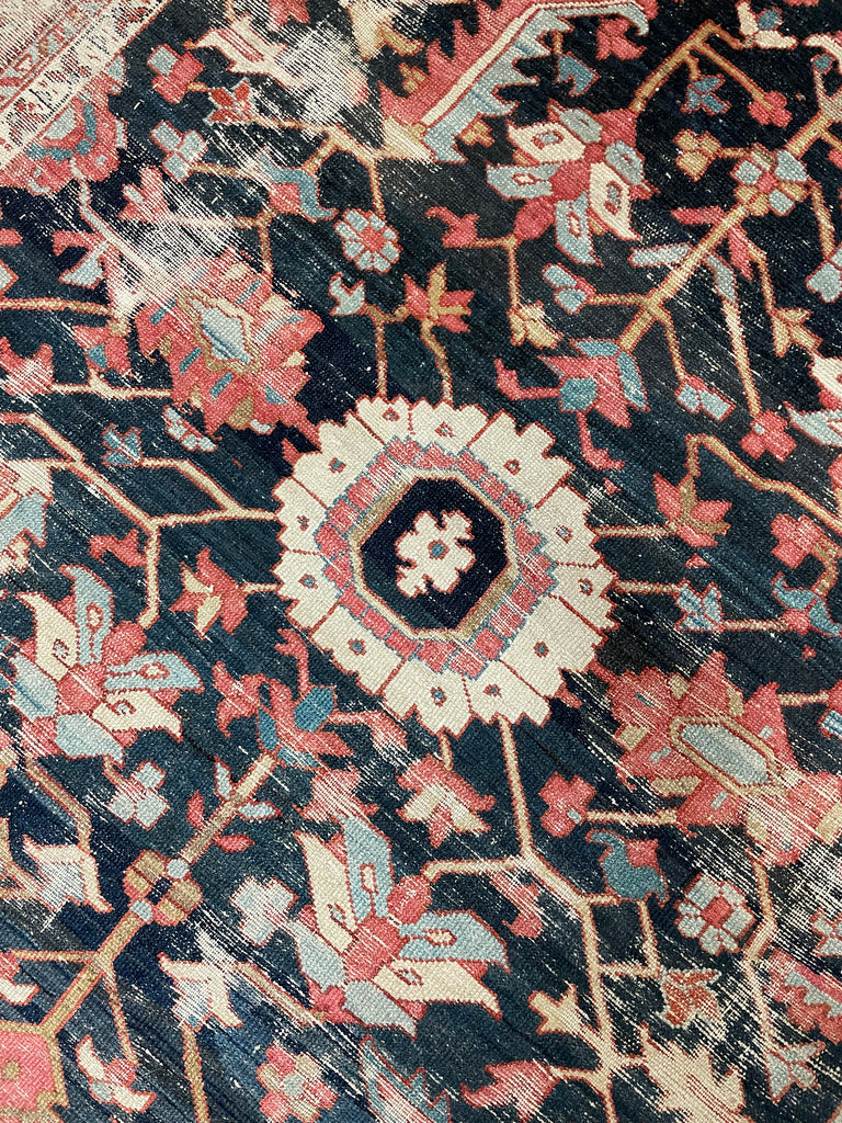 HIGHLY-COVETED Antique Midnight Blue-Black Indigo Blooming Jungle | Coral, Bakshayesh Blue, Camel, Raspberry | 8 x 11