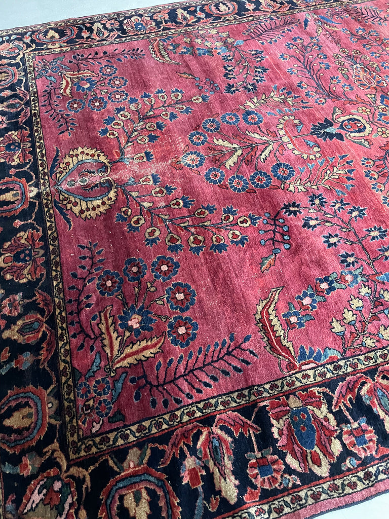 SOLD | ARTISTIC & MOODY Arabesque Antique Lilihan Sarouk | Variations of Plum, Peacock Blue, Caramel |  8.8 x 12.2