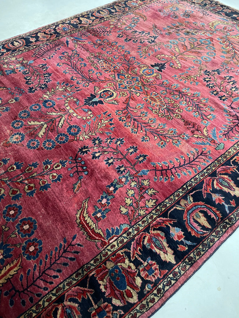 SOLD | ARTISTIC & MOODY Arabesque Antique Lilihan Sarouk | Variations of Plum, Peacock Blue, Caramel |  8.8 x 12.2
