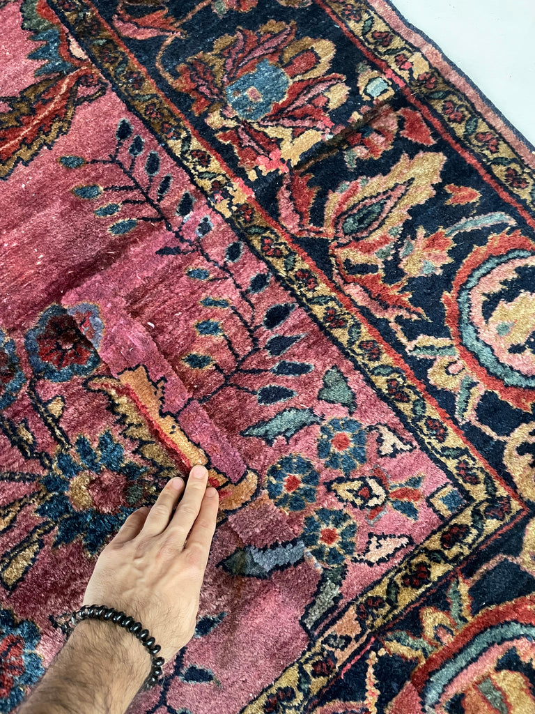 SOLD | ARTISTIC & MOODY Arabesque Antique Lilihan Sarouk | Variations of Plum, Peacock Blue, Caramel |  8.8 x 12.2
