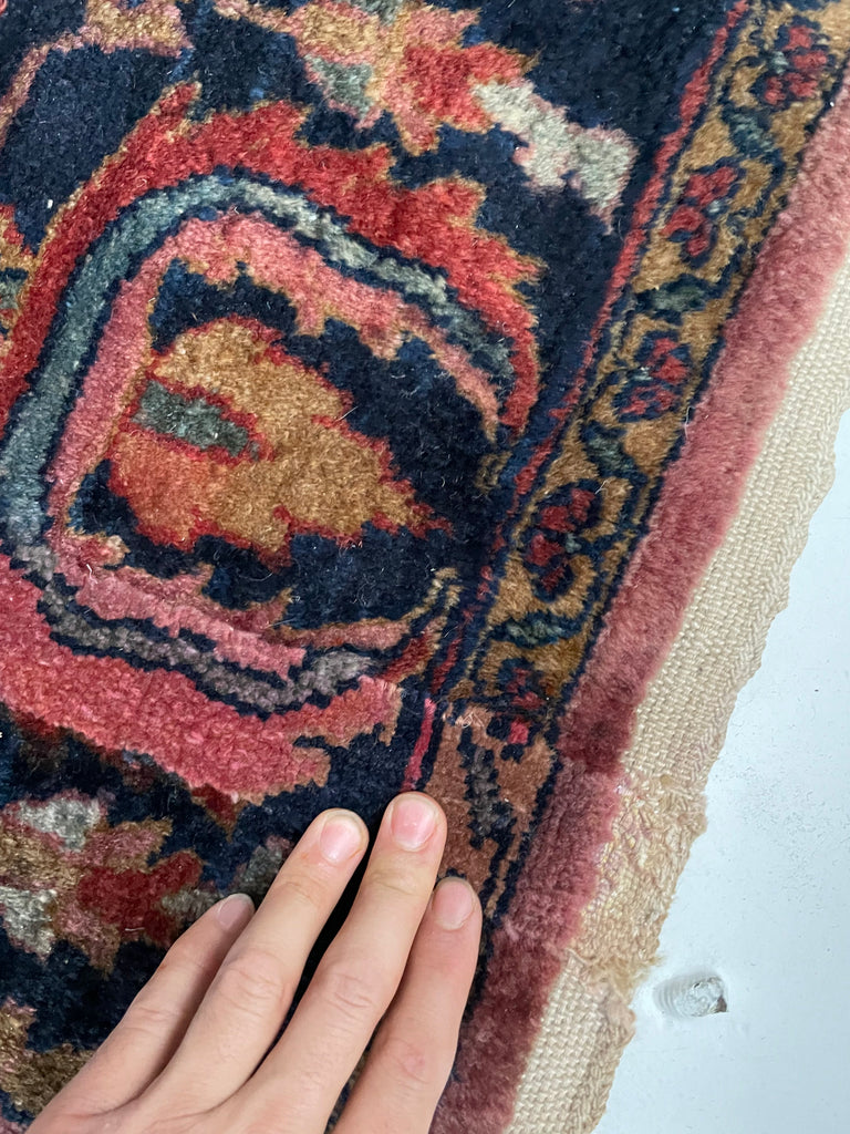 SOLD | ARTISTIC & MOODY Arabesque Antique Lilihan Sarouk | Variations of Plum, Peacock Blue, Caramel |  8.8 x 12.2
