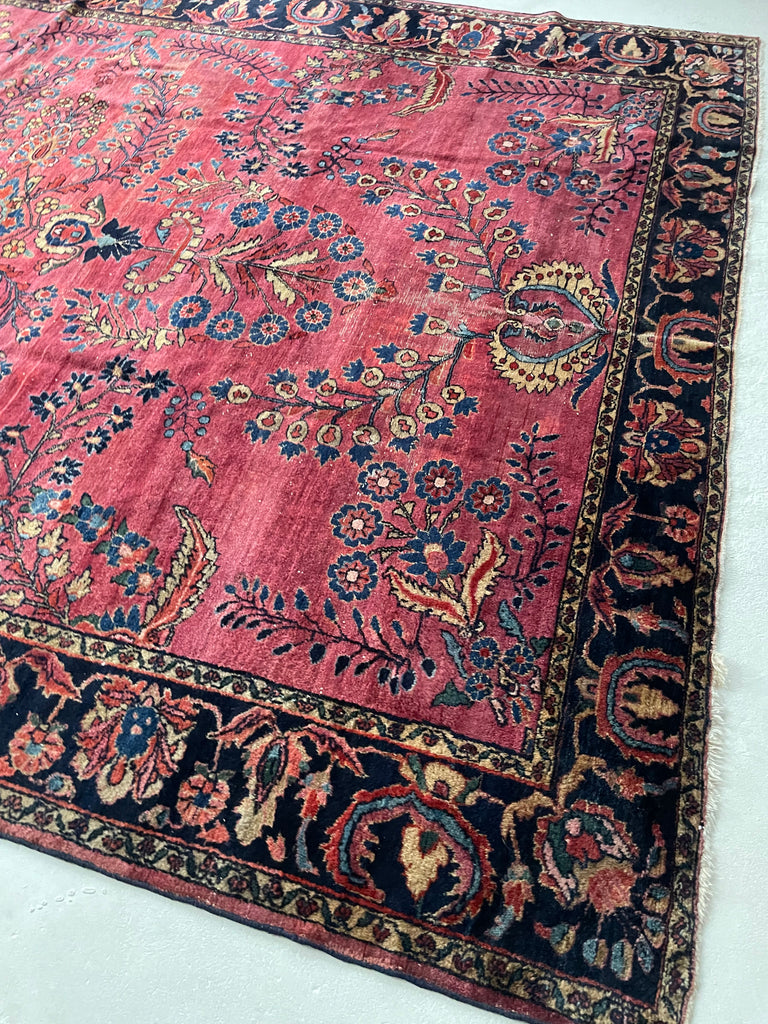 SOLD | ARTISTIC & MOODY Arabesque Antique Lilihan Sarouk | Variations of Plum, Peacock Blue, Caramel |  8.8 x 12.2