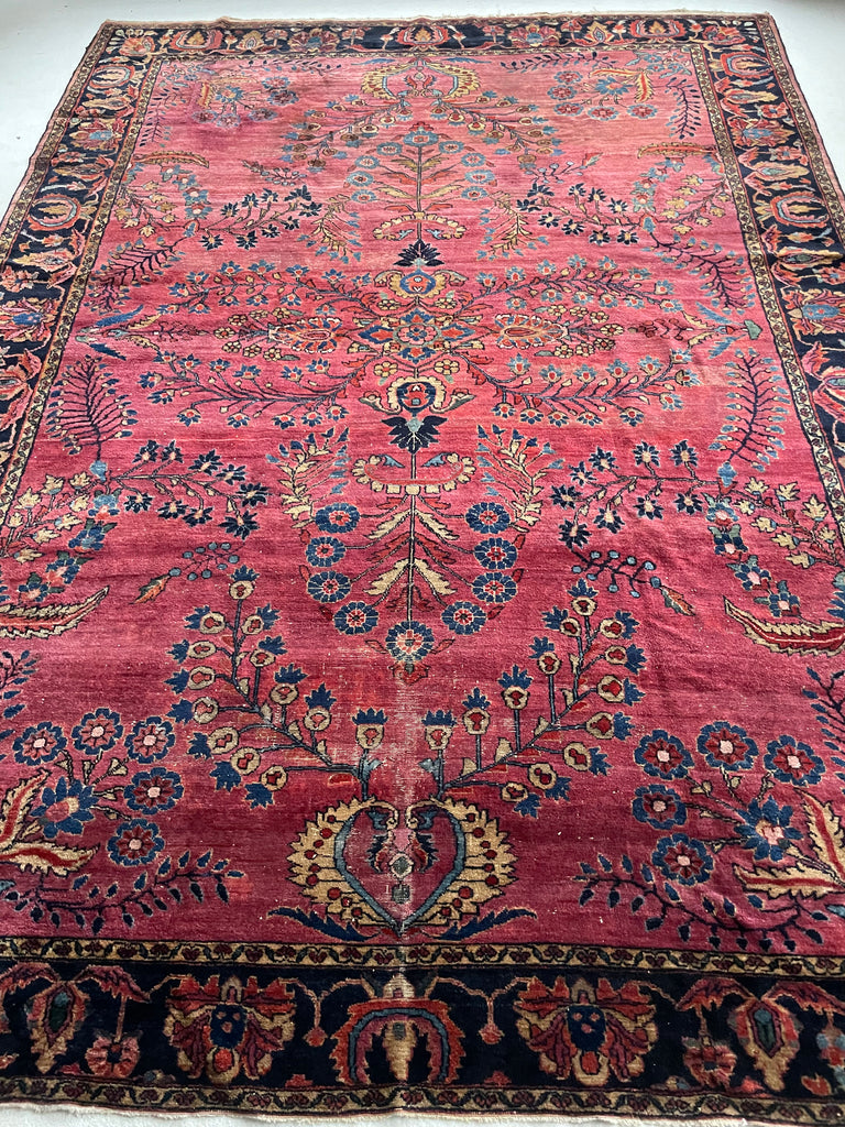 SOLD | ARTISTIC & MOODY Arabesque Antique Lilihan Sarouk | Variations of Plum, Peacock Blue, Caramel |  8.8 x 12.2