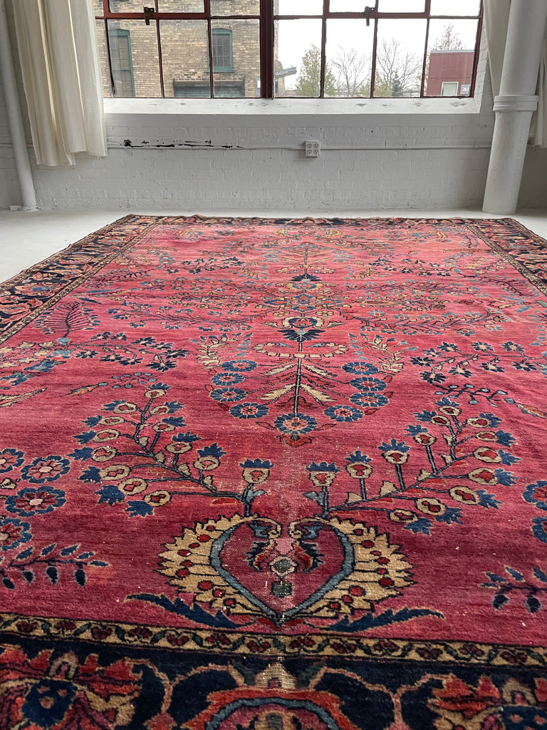 SOLD | ARTISTIC & MOODY Arabesque Antique Lilihan Sarouk | Variations of Plum, Peacock Blue, Caramel |  8.8 x 12.2
