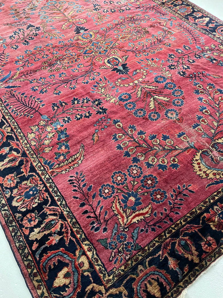 SOLD | ARTISTIC & MOODY Arabesque Antique Lilihan Sarouk | Variations of Plum, Peacock Blue, Caramel |  8.8 x 12.2