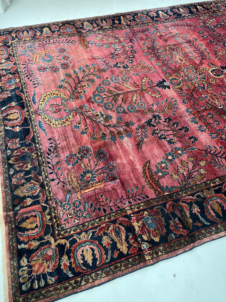 SOLD | ARTISTIC & MOODY Arabesque Antique Lilihan Sarouk | Variations of Plum, Peacock Blue, Caramel |  8.8 x 12.2