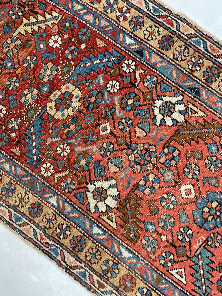 SOLD | LOVELY Narrow Antique Heriz/Meshkin Runner | Soft Rust, Camel, French Blue | 2.9 x 9.3