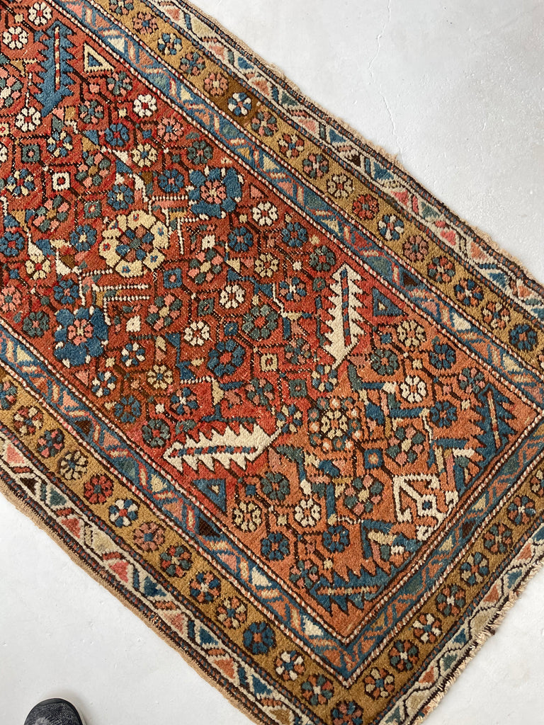 SOLD | LOVELY Narrow Antique Heriz/Meshkin Runner | Soft Rust, Camel, French Blue | 2.9 x 9.3