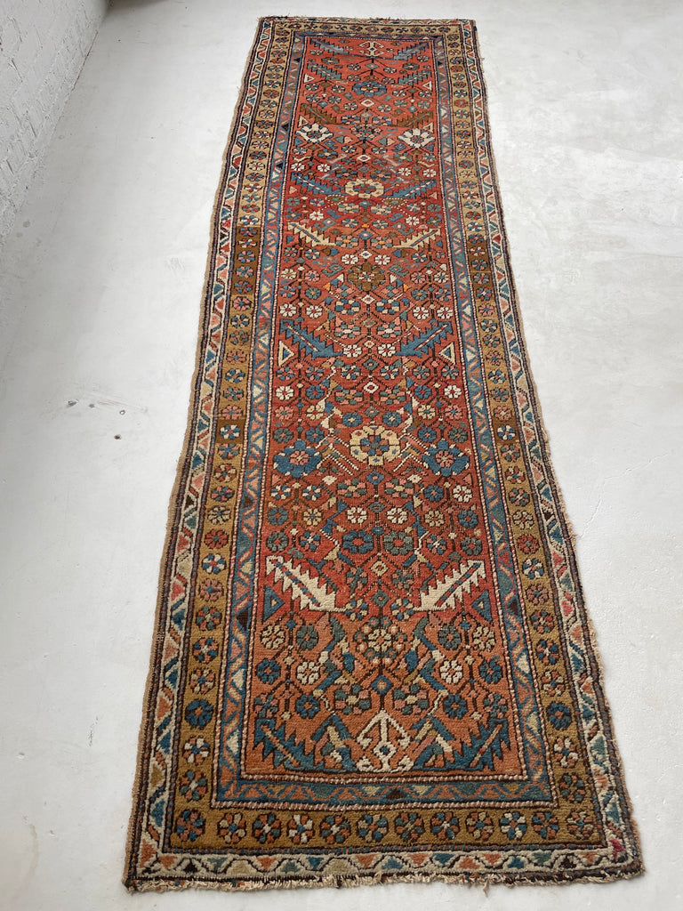 SOLD | LOVELY Narrow Antique Heriz/Meshkin Runner | Soft Rust, Camel, French Blue | 2.9 x 9.3