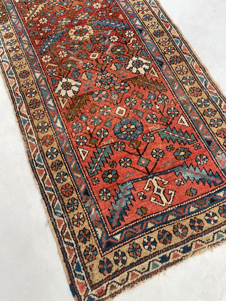 SOLD | LOVELY Narrow Antique Heriz/Meshkin Runner | Soft Rust, Camel, French Blue | 2.9 x 9.3
